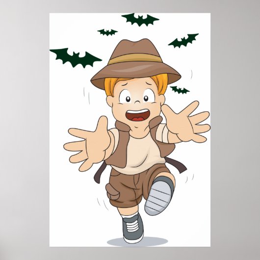 Abenteuer-Explorer-Kid läuft von Fledermäusen Poster (Vorne)