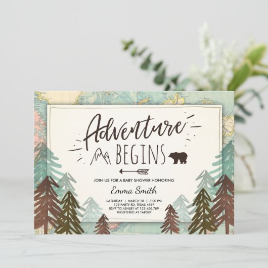 Abenteuer fängt Babypartyeinladung Reisekarte an Einladung (Stehend Vorderseite)