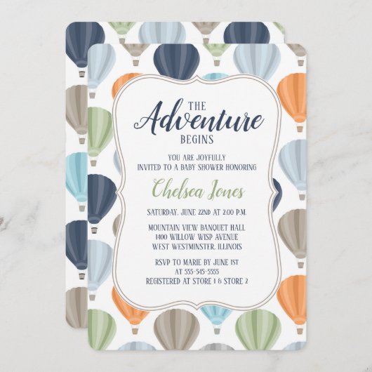 Abenteuer-Heißluft-Ballon-Jungen-Babyparty Einladung (Vorne/Hinten)
