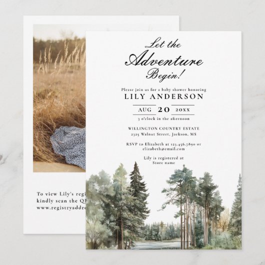 Abenteuer Lake Forest Foto QR Code Baby Shower Ein Einladung (Vorne/Hinten)