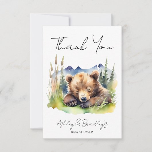 Abenteuer mit der Bärenpuppe erwartet die Babydusc Dankeskarte (Vorderseite)