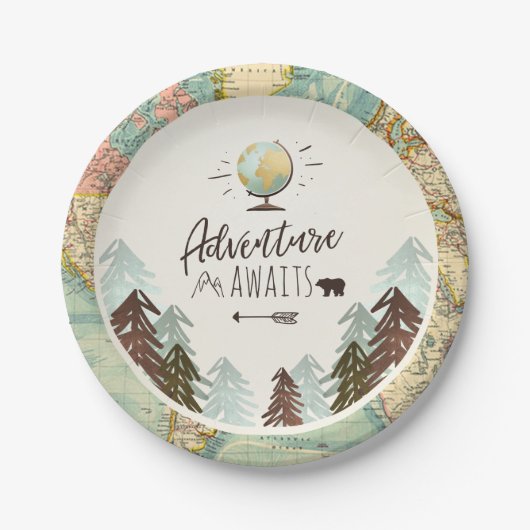 Abenteuer-PapierTeller-Reise-Weltkarte Dusche Pappteller (Vorderseite)