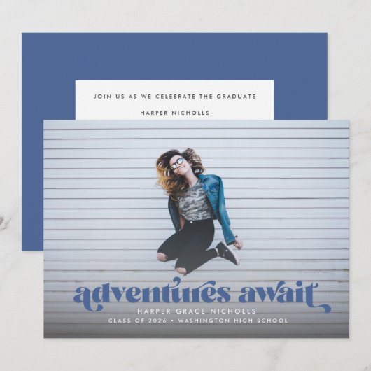 Abenteuer warten (blauer) Abschluss Einladung (Vorne/Hinten)