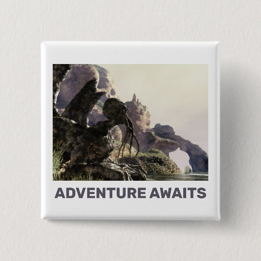 Abenteuer warten. Fantasielandschaft Button (Vorderseite)