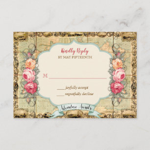 Abenteuer warten Vintage Weltkarte Rosen RSVP Karte