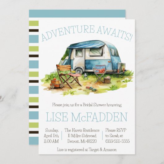Abenteuer wartet! Anhänger, Camping, Brautparty Einladung (Vorne/Hinten)