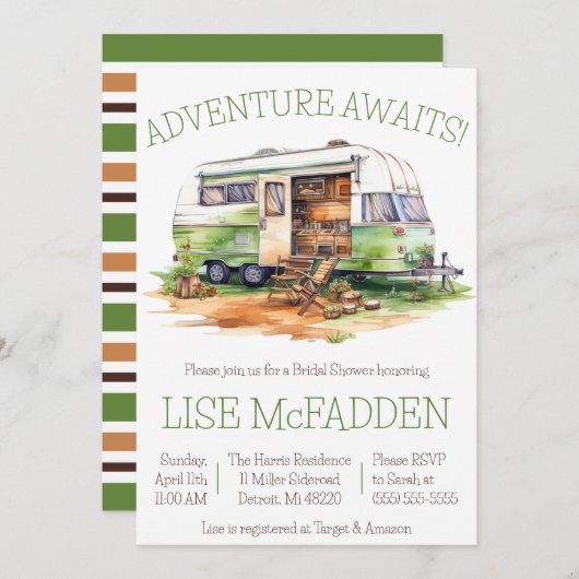 Abenteuer wartet! Anhänger, Camping, Brautparty Einladung (Vorne/Hinten)