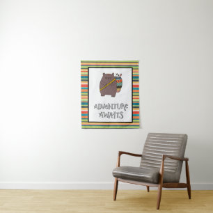 Abenteuer wartet auf Boho-Bären-Kinderzimmer-Kunst Wandteppich