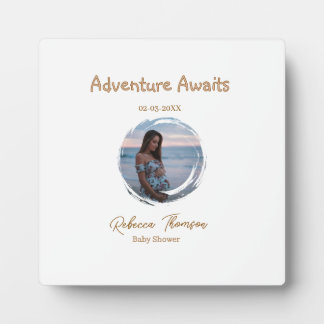Abenteuer wartet Baby Shower Foto golden rosa Name Fotoplatte
