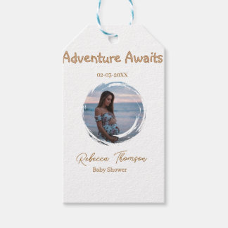 Abenteuer wartet Baby Shower Foto golden rosa Name Geschenkanhänger