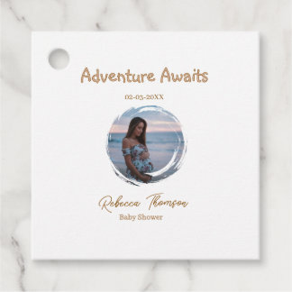 Abenteuer wartet Baby Shower Foto golden rosa Name Geschenkanhänger