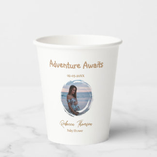 Abenteuer wartet Baby Shower Foto golden rosa Name Pappbecher