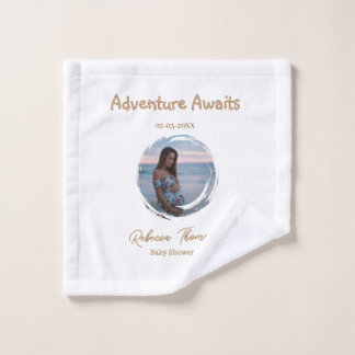 Abenteuer wartet Baby Shower Foto golden rosa Name Waschlappen