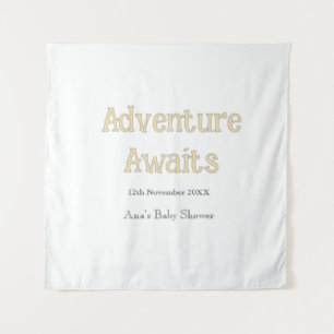 Abenteuer wartet Baby Shower Name Datum Pastell Wandteppich