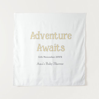 Abenteuer wartet Baby Shower Name Datum Pastell Wandteppich
