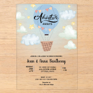 Abenteuer wartet Blaues Luftballon-Baby-Party Acryleinladungen