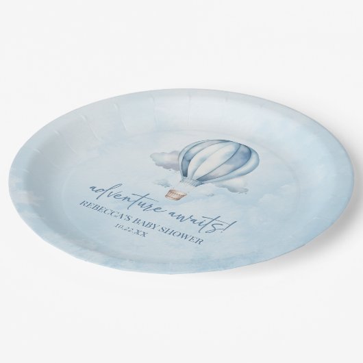Abenteuer wartet! Blue Hot Air Balloon Baby Dusche Pappteller (Schrägansicht)