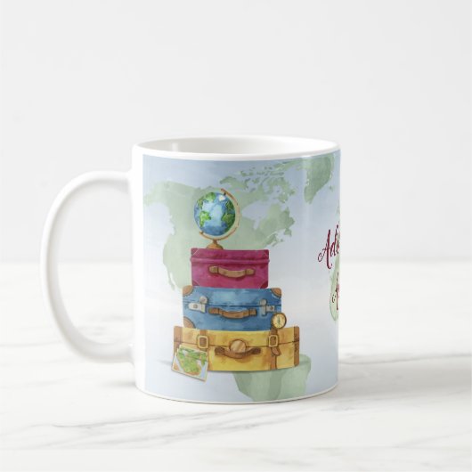 Abenteuer wartet Gestapelte Koffer Weltreise Kaffeetasse (Links)