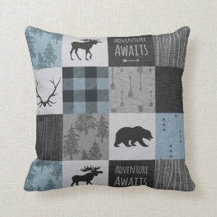Abenteuer wartet Pillow - Blau, Schwarz, Grau Kissen