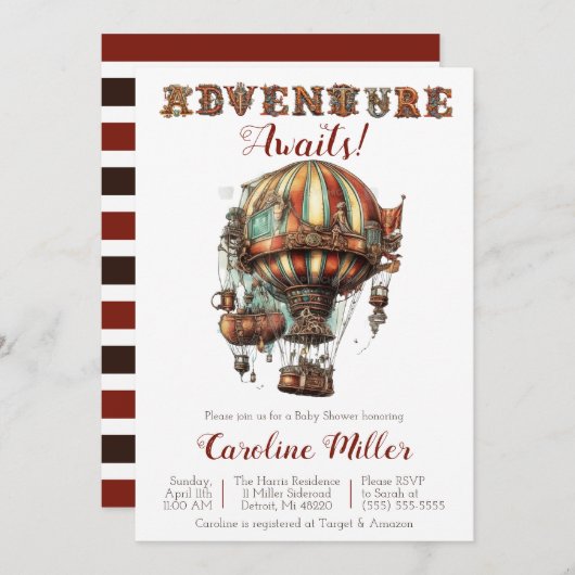 Abenteuer wartet! Steampunk Heißluftballondusche Einladung (Vorne/Hinten)