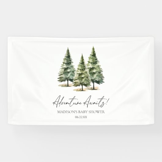 Abenteuer wartet! Winter Pine Trees Baby Dusche Banner (Horizontal)