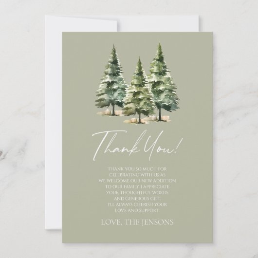 Abenteuer wartet! Winter Pine Trees Baby Dusche Dankeskarte (Vorderseite)