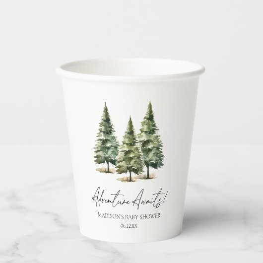 Abenteuer wartet! Winter Pine Trees Baby Dusche Pappbecher (Vorderseite)