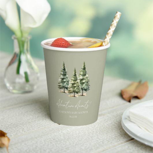 Abenteuer wartet! Winter Pine Trees Baby Dusche Pappbecher (In Situ)