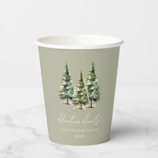 Abenteuer wartet! Winter Pine Trees Baby Dusche Pappbecher (Rückseite)