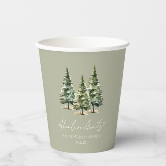 Abenteuer wartet! Winter Pine Trees Baby Dusche Pappbecher (Vorderseite)