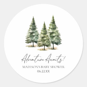 Abenteuer wartet! Winter Pine Trees Baby Dusche Runder Aufkleber