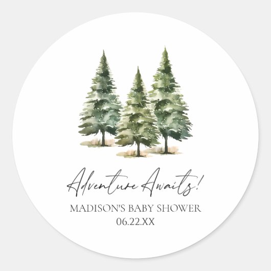 Abenteuer wartet! Winter Pine Trees Baby Dusche Runder Aufkleber (Vorderseite)