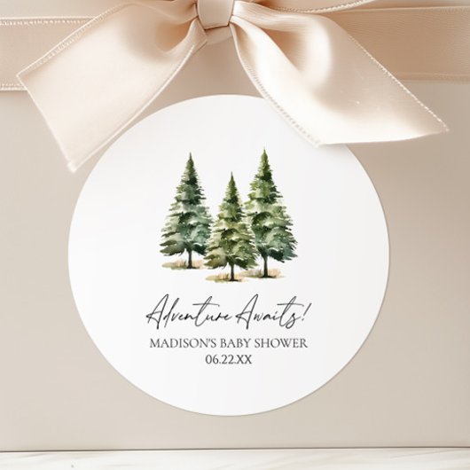 Abenteuer wartet! Winter Pine Trees Baby Dusche Runder Aufkleber