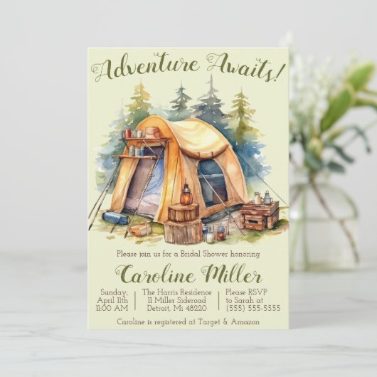 Abenteuer wartet! Zelt, Camping, Brautparty Einladung (Stehend Vorderseite)