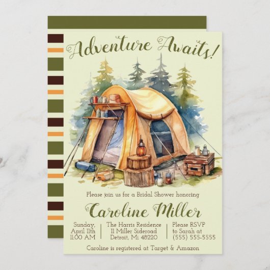 Abenteuer wartet! Zelt, Camping, Brautparty Einladung (Vorne/Hinten)