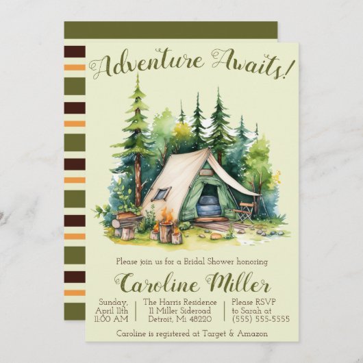 Abenteuer wartet! Zelt, Camping, Brautparty Einladung (Vorne/Hinten)