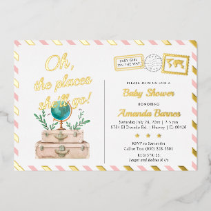 Abenteuer Welt Reise Baby Mädchen Blush Rosa Gold Folieneinladung