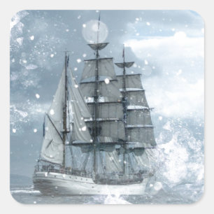 Abenteuer Winter Schneesturm Vintage Piratenschiff Quadratischer Aufkleber