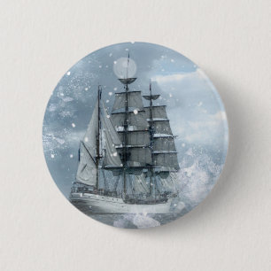 Abenteuer Winterschnee Sturm Vintag Piratenschiff Button