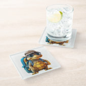 Abenteuerliche Niedliche kleine Schildkröte mit Ru Glasuntersetzer (Schrägansicht)