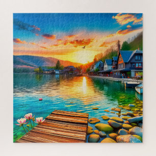 Abenteuerliches Seendorf bei Sonnenuntergang Puzzle