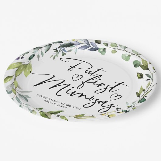 Aber das erste Mimosas-Brautparty Pappteller (Schrägansicht)