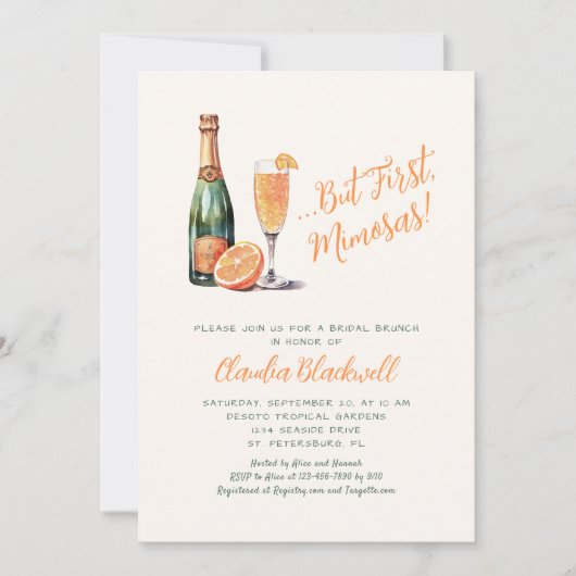 Aber das erste Mimosas-Champagner-Brautparty Einladung (Vorderseite)