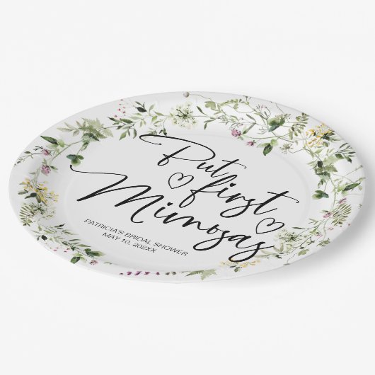 Aber das erste Mimosas-Wildblume-Brautparty Pappteller (Schrägansicht)