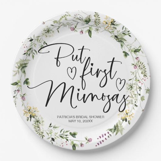 Aber das erste Mimosas-Wildblume-Brautparty Pappteller (Vorderseite)