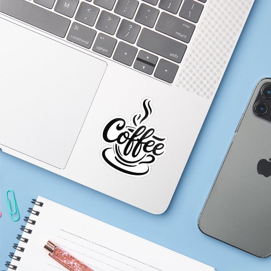 Aber zuerst Kaffee | Chic Moderne Skript-Typografi Aufkleber (Laptop mit iPhone)