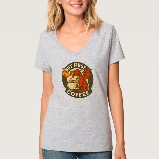 Aber zuerst Kaffee-Drache lustiges Java-Süchtiger- T-Shirt (Vorderseite)