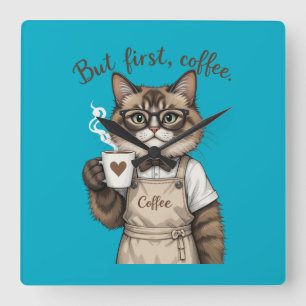 Aber zuerst, Kaffee Katze Quadratische Wanduhr