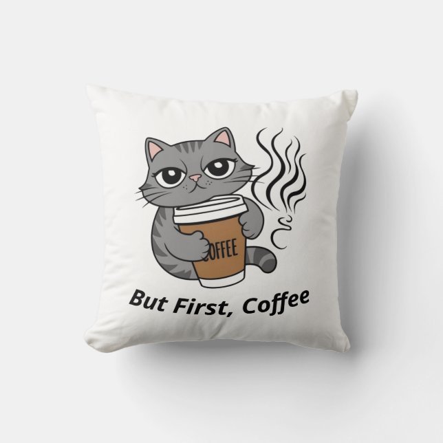 Aber zuerst, Kaffee - Personalisiert Cat Lover Kissen (Vorderseite)