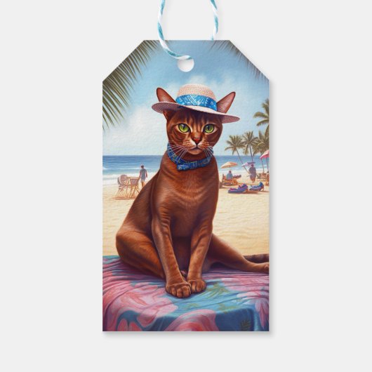 Abessinienkatze am Strand, Sommergeschenk für Katz Geschenkanhänger (Rückseite)